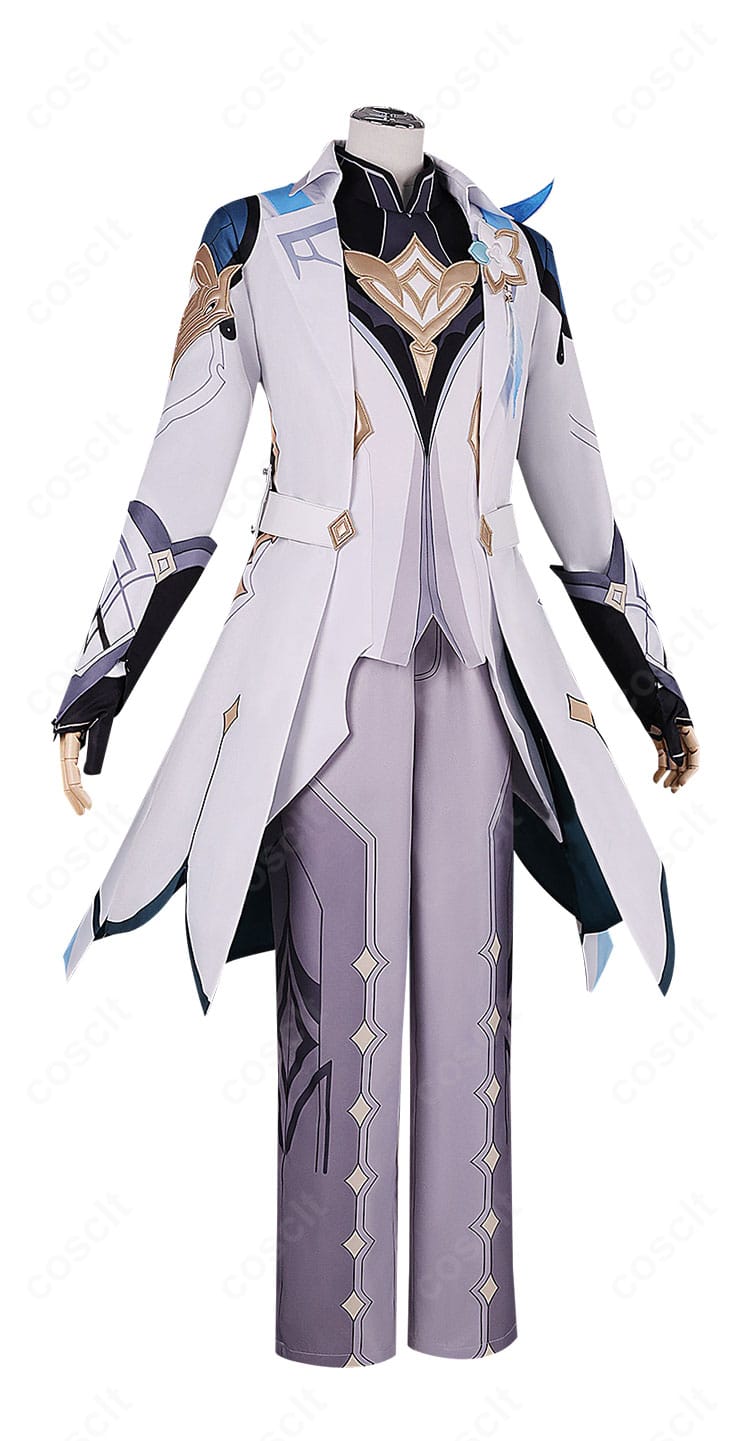 原神 旅人・空のコスプレ衣装 右側面。袖口と腰回りのラインが映えるハリ感のある生地感。