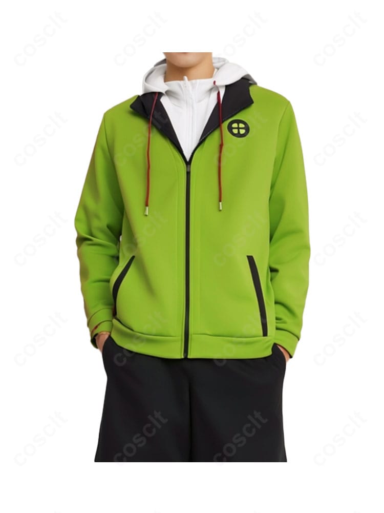 『メダリスト』明浦路 司ジャージの上衣（コート）ディテール。フロントファスナーと襟周りのパイピングを強調。