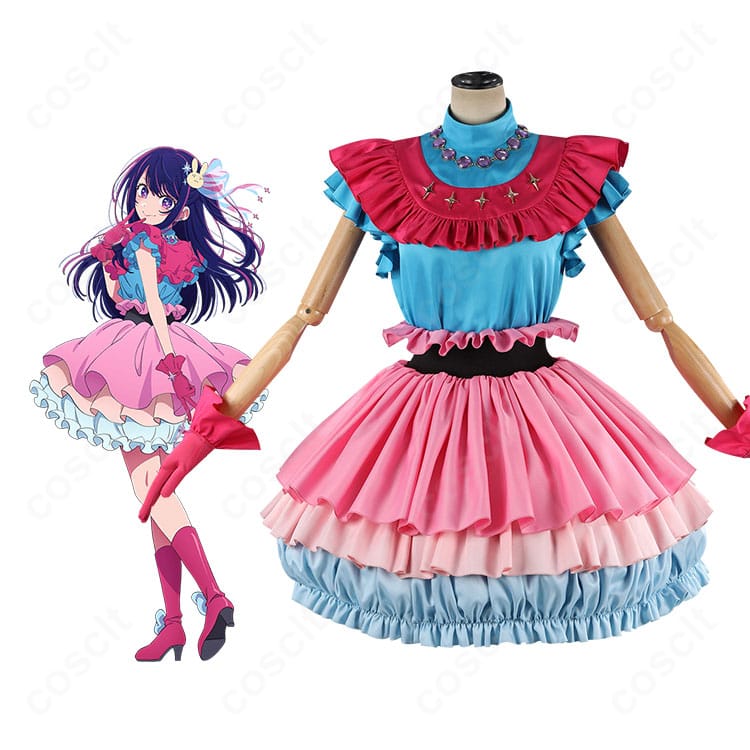 【推しの子】星野アイ B小町 第3期ステージ衣装の全身正面カット。高発色トップスとフレアスカートのシルエットが分かる参考画像。