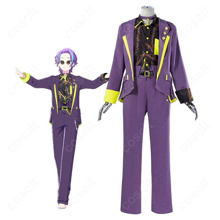 神代 類「想いを込めた小道具作り」コスプレ衣装の全身フロント。コートとシャツ、ベルト・腰飾り・チョーカーを着用したセット構成が分かる角度。