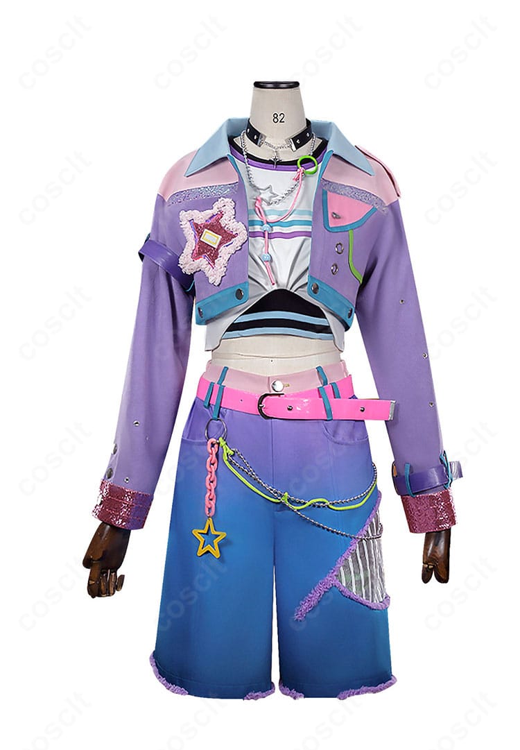 桜河こはく衣装の正面全身:ジャケット・トップス・半ズボン・レギンスのコーデ