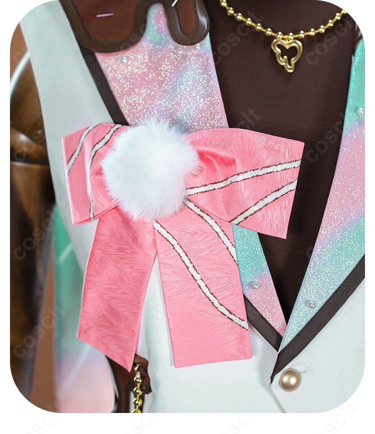 胸元蝶結びの装飾アップ(リボンの質感と中心パーツ)