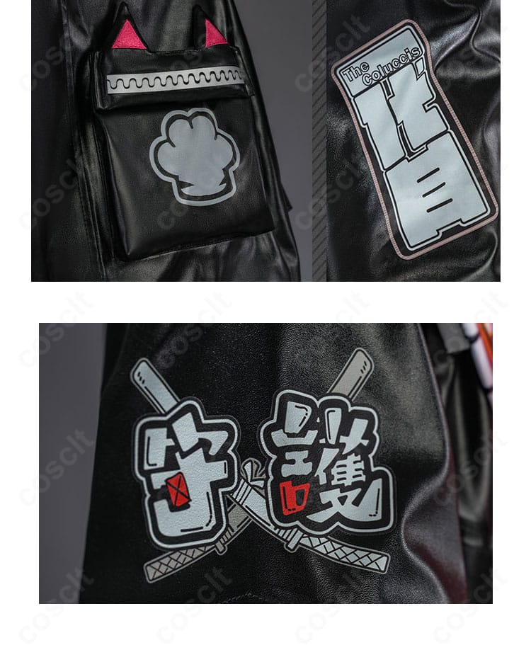 コートのポケットとプリント・刺繍風意匠の近接ディテール