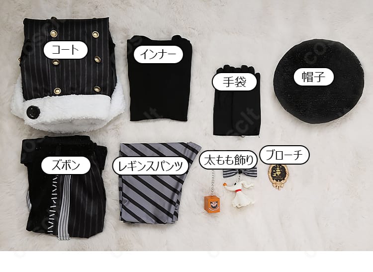 セット内容一式のレイアウト画像。コート、インナー、ズボン、レギンス、手袋、太もも飾り、ブローチ、帽子