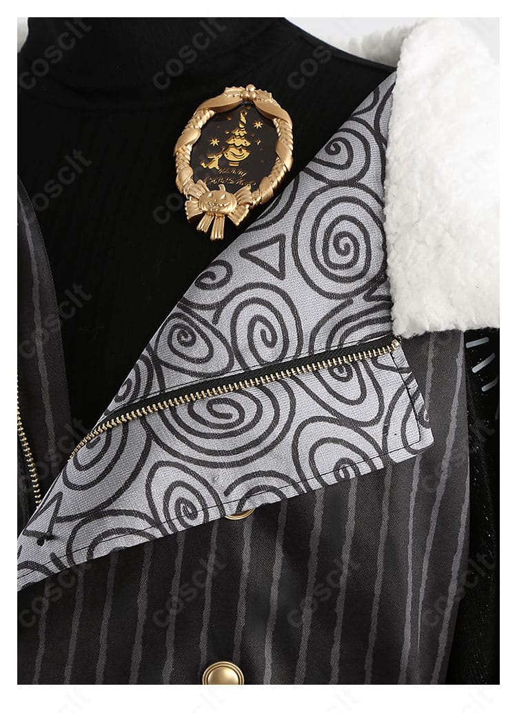 襟元ディテールのアップ。襟の形状、縁取り、配色と生地感の近接画像