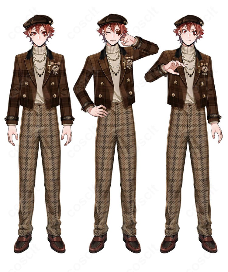 エース・トラッポラのラ・ボンボニエール衣装フルコーデ正面全身図｜コート・帽子・胸飾り・ネックレスを着用した商品モデル