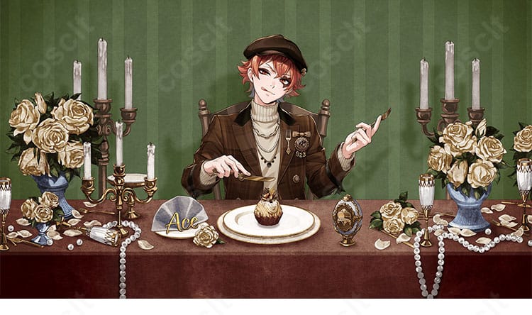 エース・トラッポラ ラ・ボンボニエール衣装のテーブルシーン｜帽子と胸飾りが映えるパーティー風カット