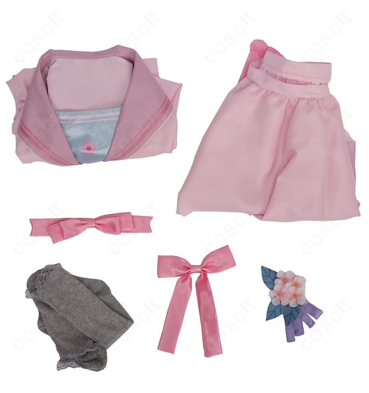 セット内容一式のレイアウト（コスプレ衣装・髪飾り・靴下の3点）