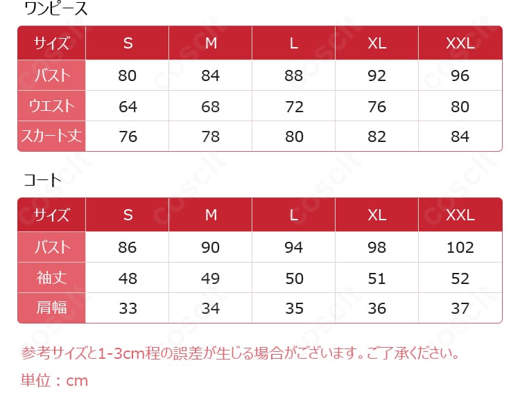サイズ表記と採寸ガイドの画像(S〜XXLの各部位寸法の見方)