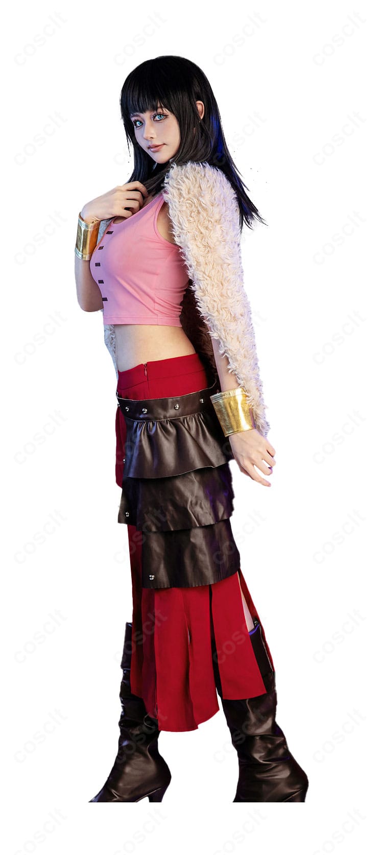 ニコ・ロビン エルバフ風コスプレの側面ディテール（ウエストラインとマントのドレープ）