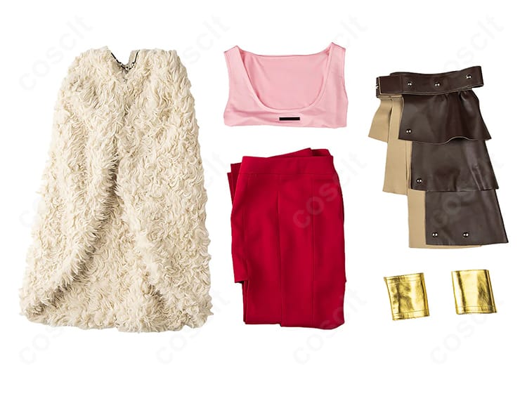 セット内容一式の平置き画像（トップス、スカート、マント、飾り、リストバンド）