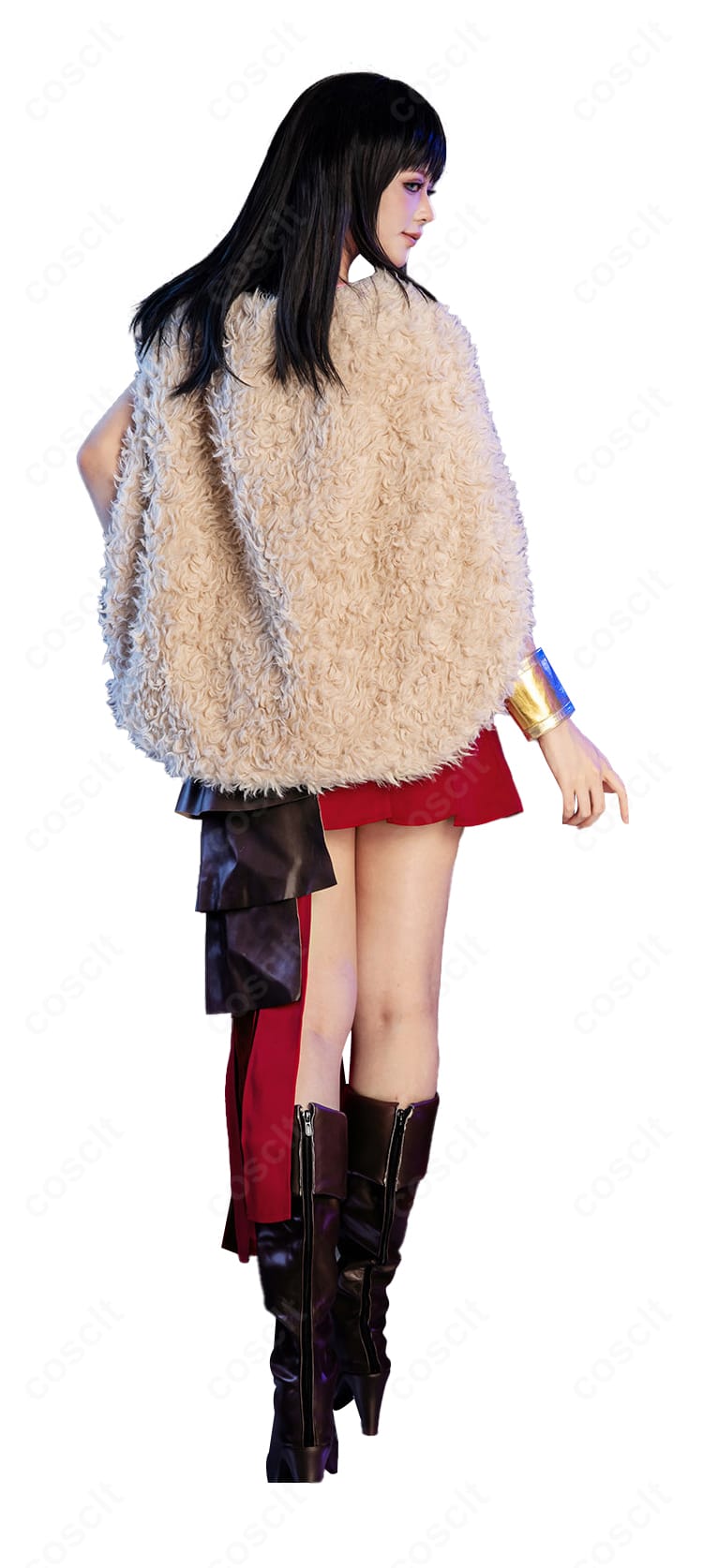 ニコ・ロビン エルバフ風コスプレの背面ディテール（マントの落ち感とスカート後ろ）