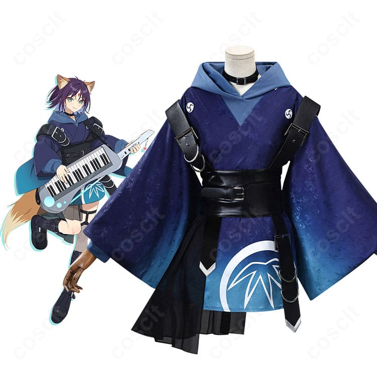 酒寄彩葉のキャラクターイメージと衣装一式のビジュアル。ジャガードのコートと合皮コルセットが映える全身コーデ