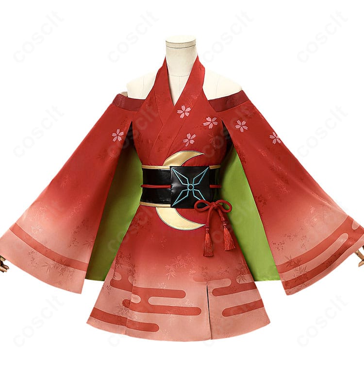 かぐや姫風ワンピースの正面全体像（ジャカード生地と高コントラスト配色）