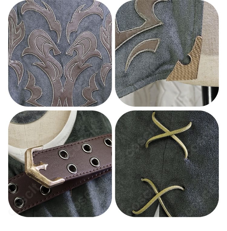 装飾ディテールの接写。胸ベルトの金具、縫製ステッチ、エッジ処理など質感が分かるアップ