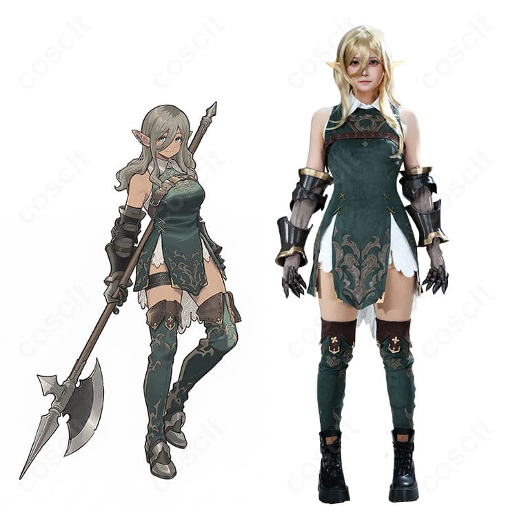 ガールズバンドクライ ルパのファンタジー風コスプレ衣装を着用した全身イメージ。ワンピースと胸ベルト、レッグカバーのトータルコーデが分かる人物画像