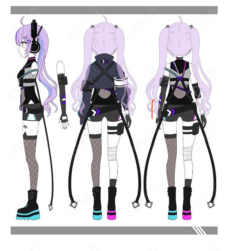 紫宮るな 第三衣装サイバーパンクの背面。背飾りやコートのライン、固定ベルトの構造が分かる商品衣装バックショット