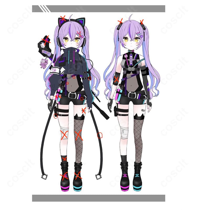 紫宮るな 第三衣装サイバーパンクのフルコーデ正面。ロングコートとレオタード、ベルト類のディテールが分かる商品人物イメージ