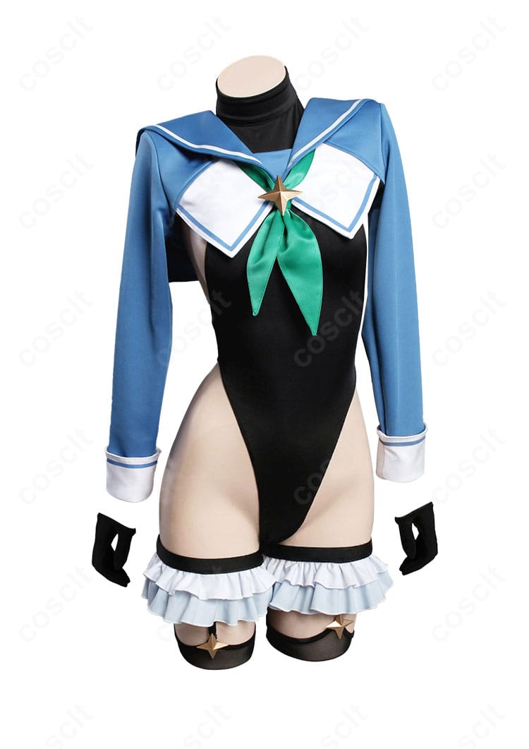 円堂シミコ マジカル衣装のコートとレオタードの正面ディテール。高発色生地と胸元のラインが分かる構図。