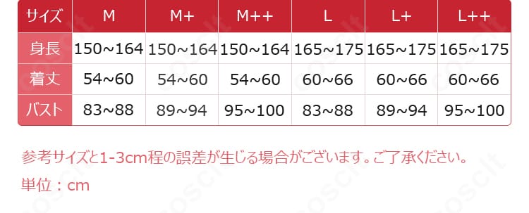 円堂シミコ マジカル衣装のサイズ表記画像。M〜L++の各寸法を一覧で確認可能。