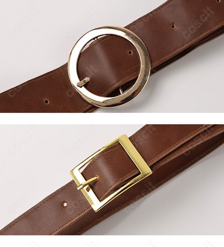 ベルト装飾のメタルパーツと留め具の近接写真。質感と固定力を伝えるカット