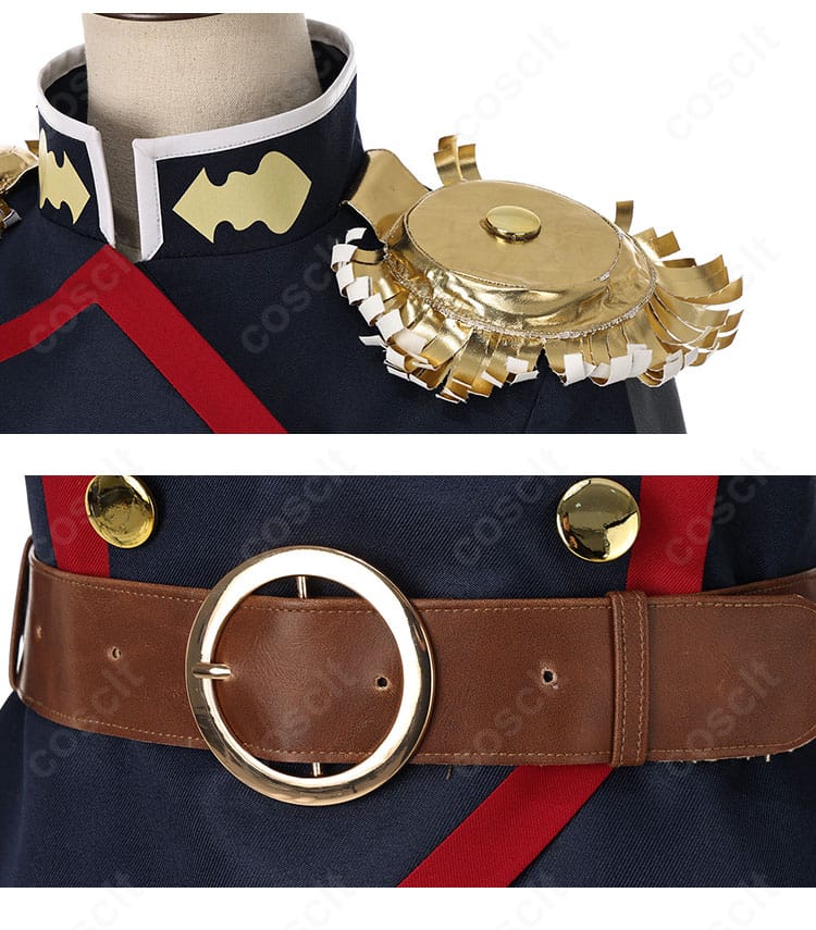 肩飾りと腰帯の固定ディテール。スナップと面ファスナーの配置で安定装着を説明するクローズアップ