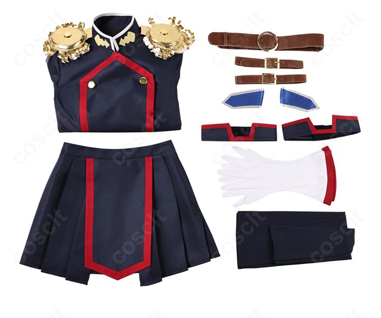 セット内容一式のフラットレイ。トップス、スカート、ベルト、手袋、靴下、太もも飾り、髪飾りが揃った構成