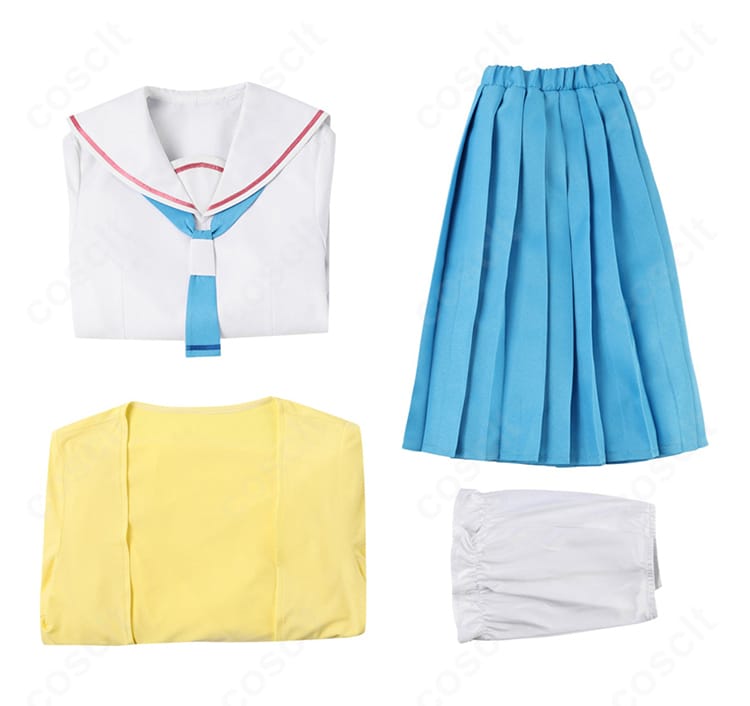 セット内容一式の平置き写真。コート・スカート・トップス・レッグカバーの4点構成が確認できる画像