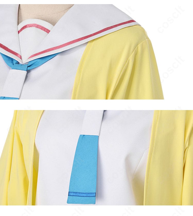 肩周りとネクタイ風パーツのアップ。ショルダーの縫製と結び目の形が分かる画像