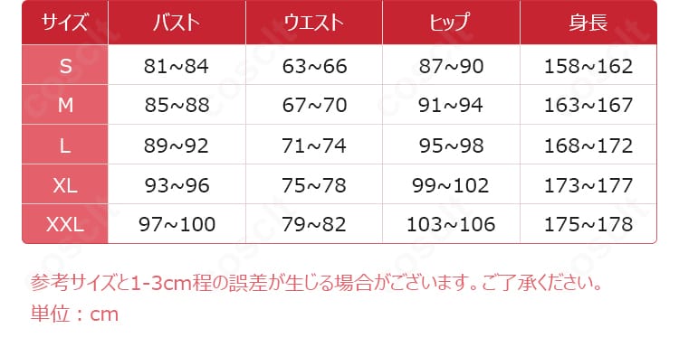 星綺羅羅コスプレのサイズ表と採寸ガイドが確認できる説明画像