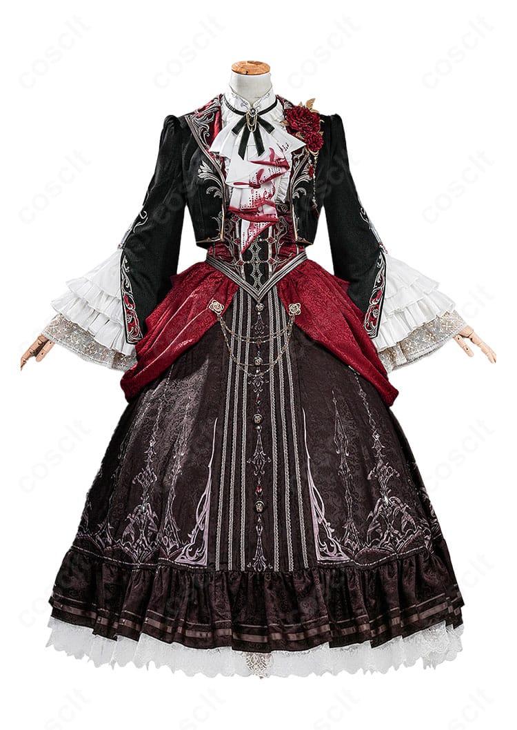 恋と深空 主人公「魂を約す赤月」コスプレ衣装の正面全身カット(コートとスカートの配色)