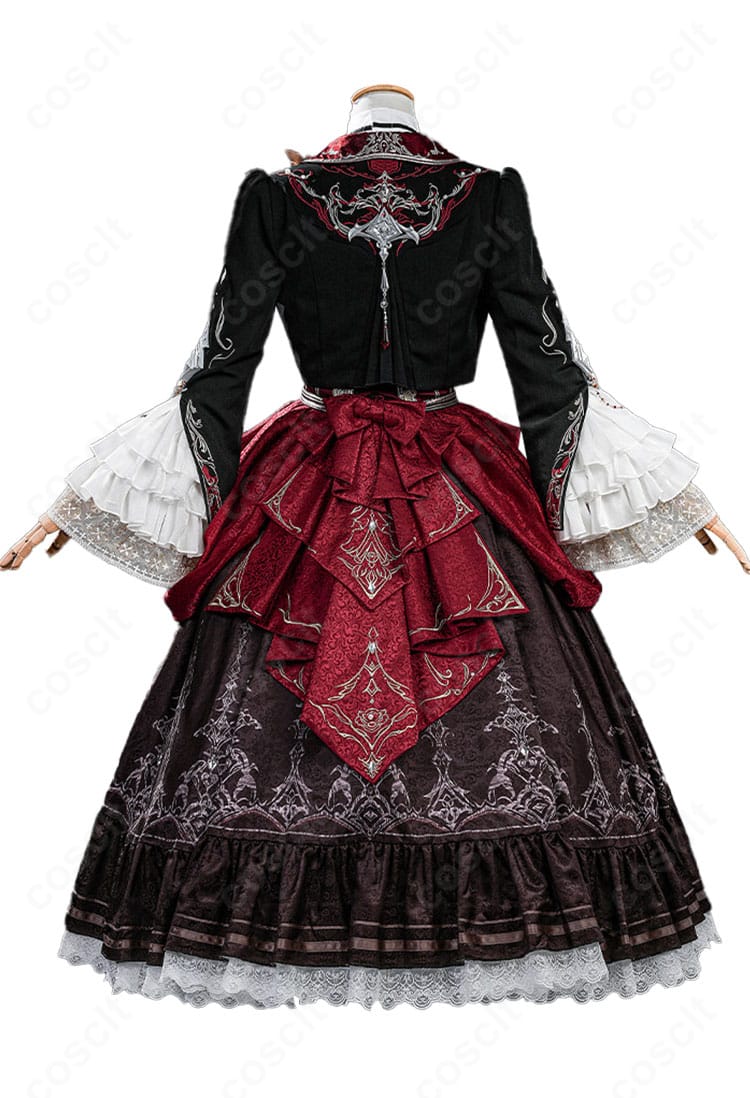 恋と深空 主人公「魂を約す赤月」衣装の背面カット(後ろ裾トレーンの広がり)