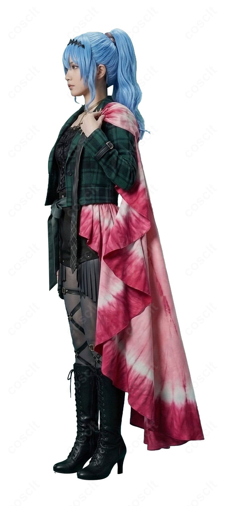 星街すいせい衣装の左側ディテール。レザーの質感、リボン、レース装飾や太ももベルトの作り込みを強調