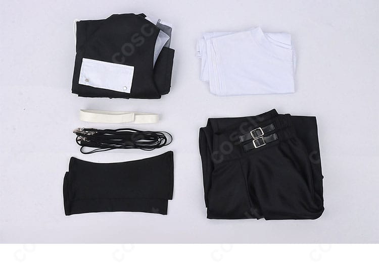 セット内容(ジャケット、インナー、ズボン、サスペンダー、チョーカー、手袋)を並べた内容確認画像