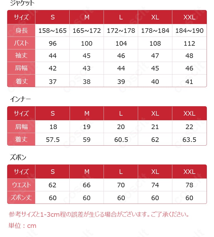 サイズ表と各部位の実寸目安を示したサイズガイド画像