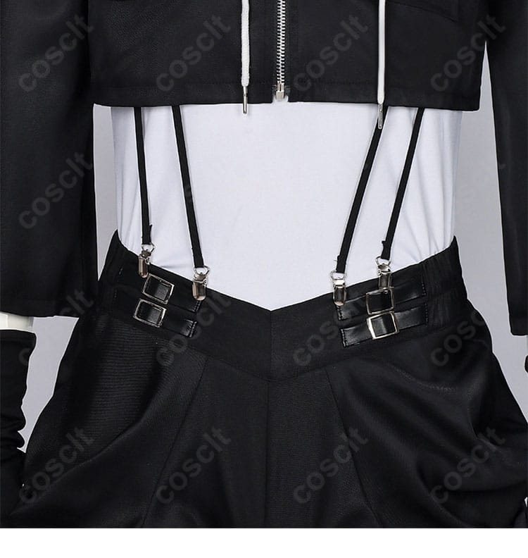 ウエスト周りのサスペンダーとベルト位置・固定仕様のディテール