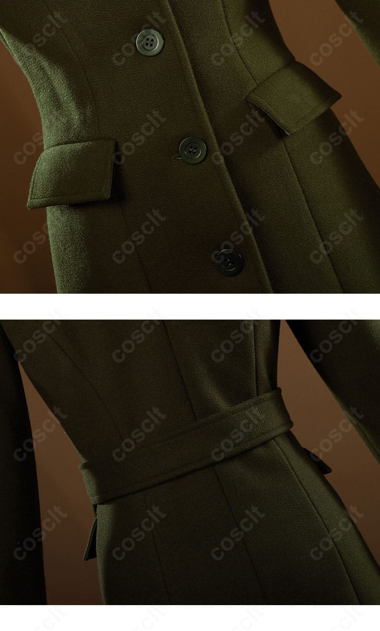 腰回り装飾のアップ。ベルト位置とコートのドレープ感を確認できる画像。
