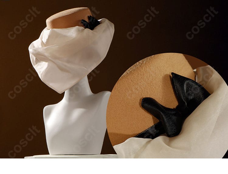 帽子とベールのディテール。ベールの取り外し構造と帽子のフォルムを説明。