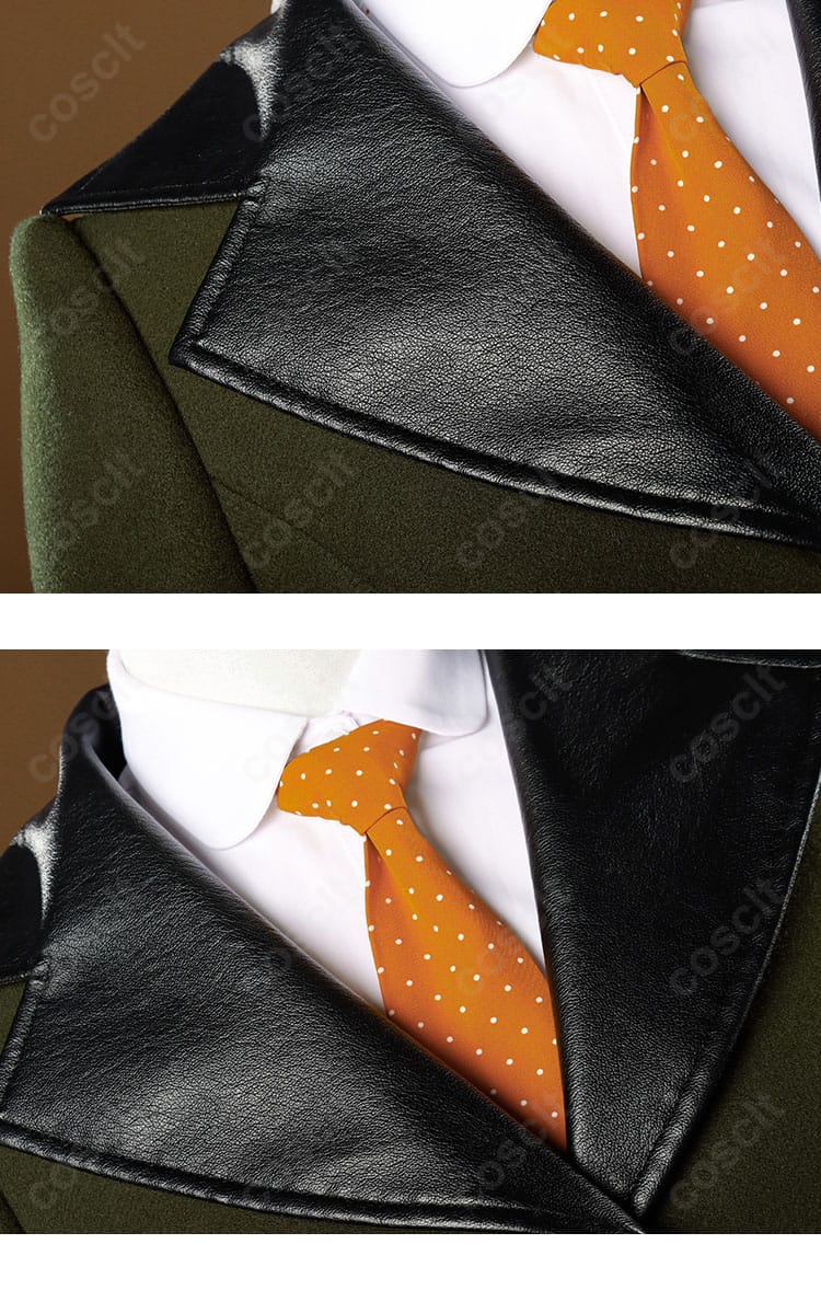 襟元ディテール。ネクタイとシャツ、コートのラペルの縫製や質感をクローズアップ。