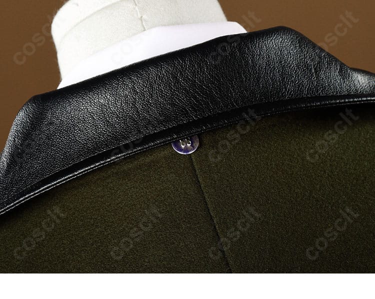 衣領のステッチとラペル形状の詳細。ヴィクトリアン調デザインの作り込みを表現。