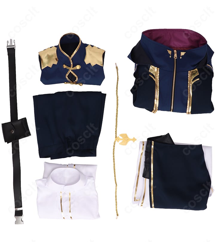 セット内容一式のフラット展示。コート、インナー、ズボン、腰布、ベルト、太もも飾りの6点セット