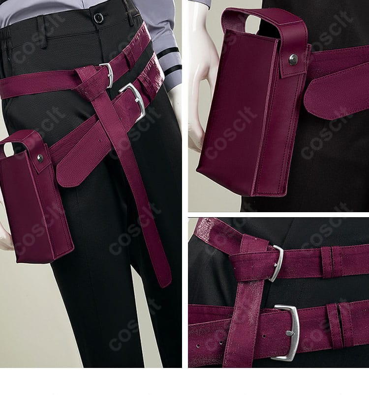 腰回りのベルトとウエストポーチ金具の質感・取り付け位置の詳細