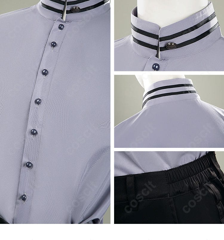 シャツの襟型と前立てボタン配列のクローズアップ