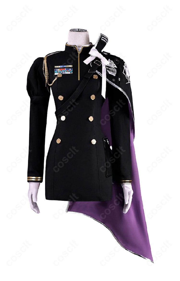 リリーバイス衣装のコートとつけ襟の正面全体。ハリ感のある生地と端正なラインが特徴