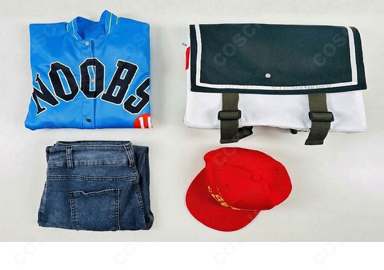 ペルソナ5 織田信也 コスプレ衣装セット内容一式。スタジャン、シャツ、ズボン、帽子、腕章のレイアウト