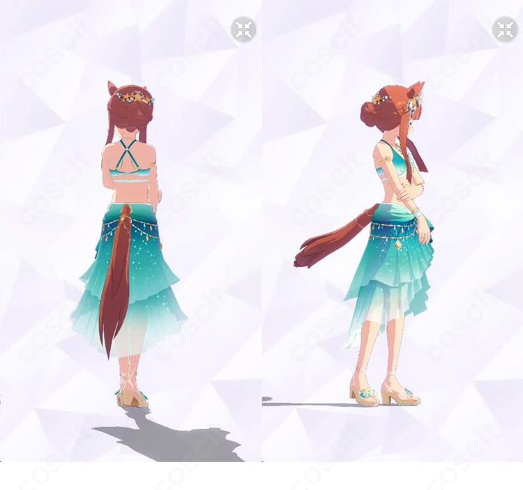 サイレンススズカ『波間のエメラルド』水着コスプレの背面と右側を写した商品画像。背中のラインと装飾配置、フィット感を確認できる角度。