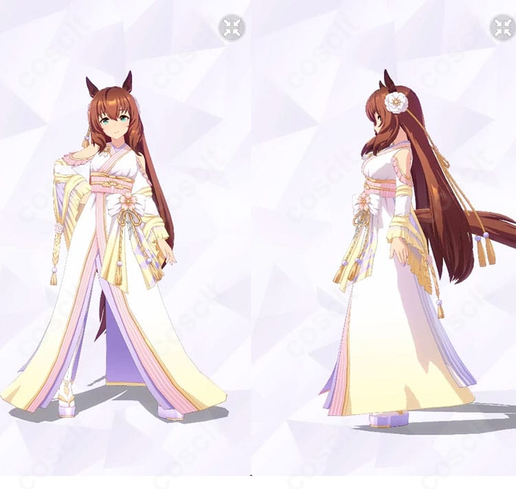 ウマ娘 マルゼンスキー 祝ひ寿ぐ神速天女のコスプレ衣装を正面と左側から撮影した全身画像。和装シルエットと袖の流れ、帯風パーツの質感がわかる構図。