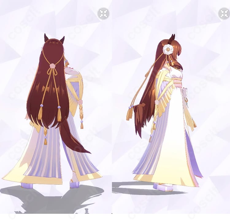 ウマ娘 マルゼンスキー 祝ひ寿ぐ神速天女のコスプレ衣装を背面と右側から撮影した全身画像。背面の帯風ディテールと装飾固定の安定感を示す構図。