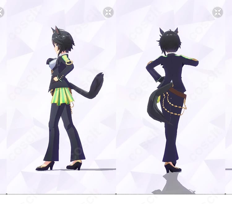 フジキセキ 勝負服「シューティンスタァ・ルヴュ」背面と右側の全身写真。背面の装飾配置とスカートのドレープ感を確認できる構図。