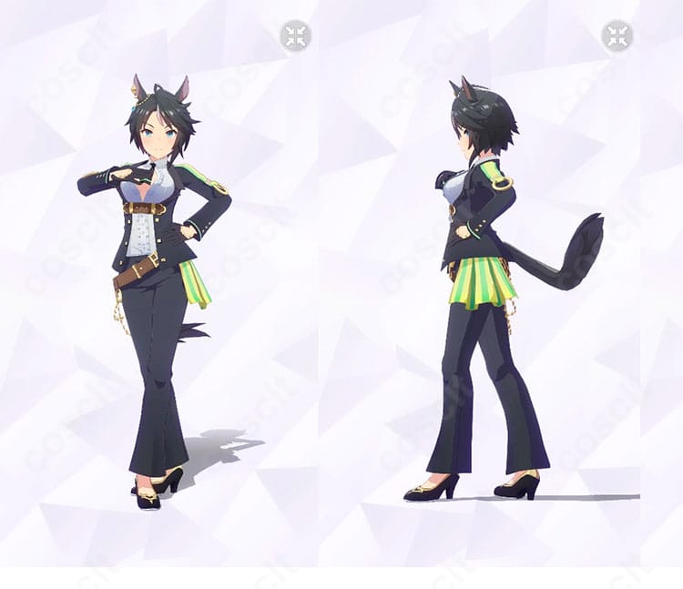 フジキセキ 勝負服「シューティンスタァ・ルヴュ」正面と左側の全身写真。上品な配色と美しいウエストラインがわかる構図。